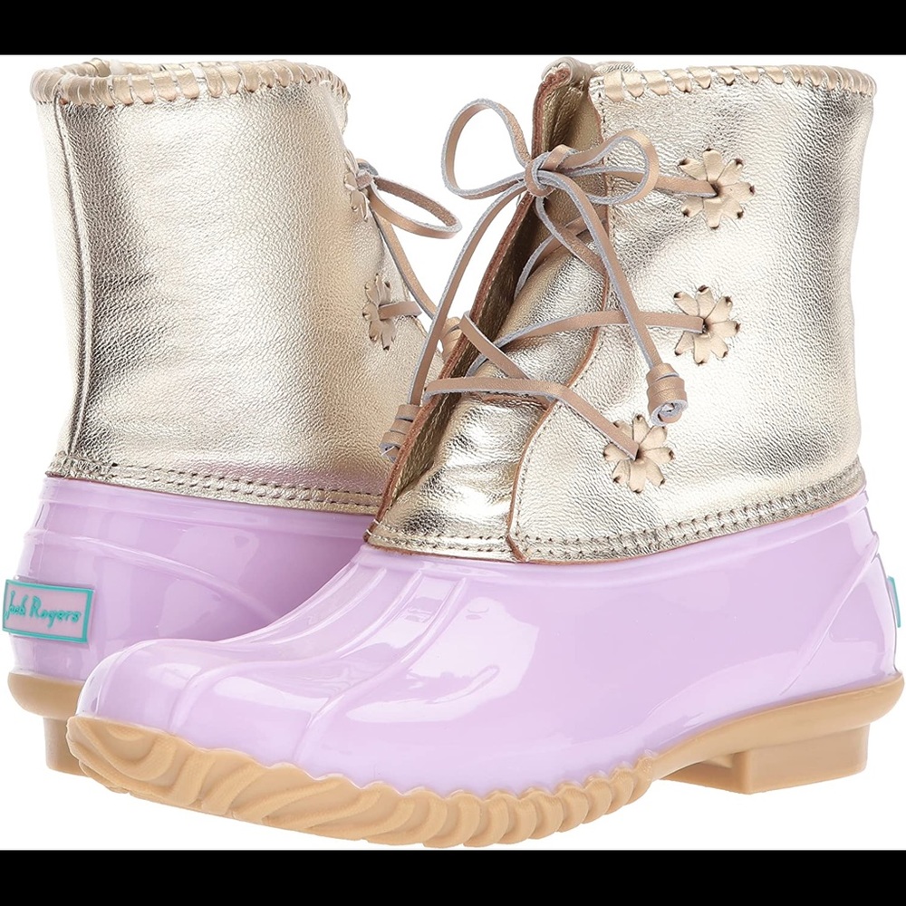 Jack Rogers purple and gold rain boots. Size 8.